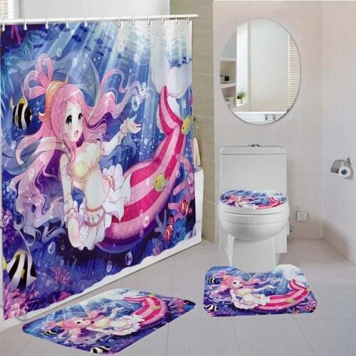 Curtains 3D Mermaid Printing Shower Toilet Mat Hot Anime Sexy Lady Kids Bath Sets Bathroom Comfortable Shower Curtain 4 Pieces