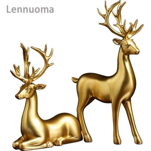 Lennuoma Resin 1 Pcs Golden Deer Figurines for Interior Nordic Animal Statues Trinkets Sculpture Home Decoration Accessories