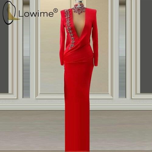 2021 Sexy Deep V Neck Red Evening Dresses Beaded High Neck Long Sleeve Floor Length Evening Gowns Formal Prom Party Dress