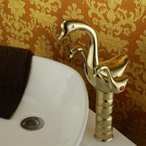 Vidric Bathroom Swan Basin Faucet gold plated, copper European antique mixing tap, hot and cold mixer wash faucet