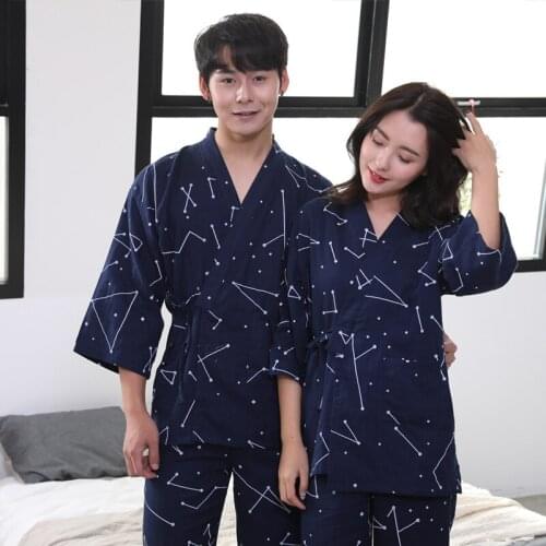 Japanese Kimono Couple Pajamas Mens Cotton Lace-up Kimono Women Home Service Suit and Three-quarter Sleeves Bedroom Set