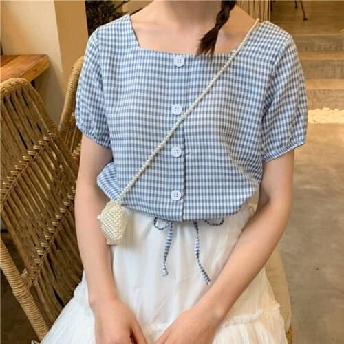 Women Fashion Plaid Blouses Shirts feminina Summer Casual Short Sleeve Blouse Blusas Office Lady Tops Korean Women Clothes