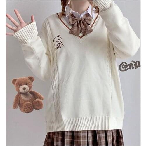 Lolita Sweaters For Women Japanese Bear Embroidery Long-Sleeve V-Neck JK Pullover Casual Lazy Style Loose Jumper 2020 Winter