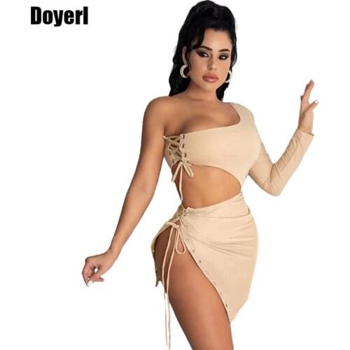 Sexy Co Ord Two Piece Set Women Skirt and Top Set Festival Clothing One Sleeve Lace Up Wrap Skirt Club Elegant 2 Piece Skirt Set
