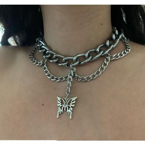 Gothic Harajuku Style Punk Hollow Butterfly Pendant Necklaces Hip hop Silver Color Tassel Chain Choker Necklace For Women Bijoux