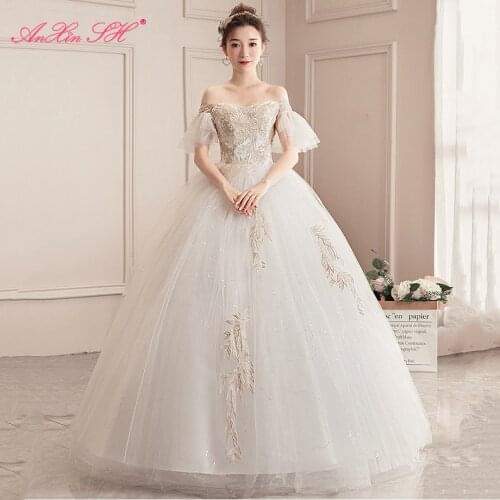 AXJFU princess champagne flower lace white wedding dress party vintage boat neck flare sleeve ball gown lace up wedding dress