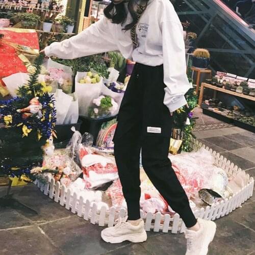 Black High Waist Cargo Pants Women Pockets Patchwork Loose Streetwear Pencil Pants Fashion Hip Hop Womens Trousers