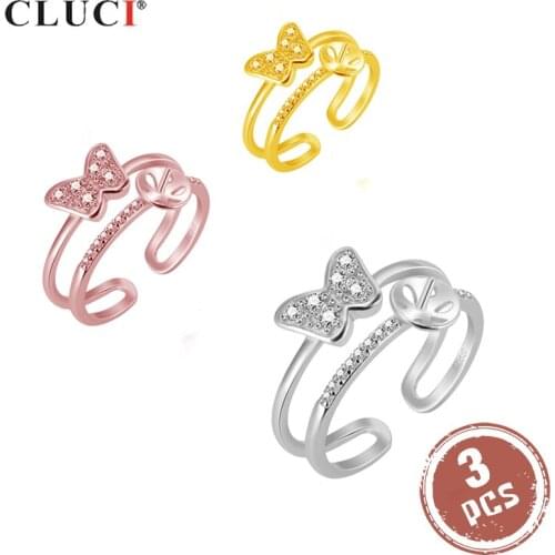 CLUCI 3pcs Silver 925 Pearl Ring Mounting for Women Jewelry Silver 925 Butterfly Zircon Ring Jewelry Adjustable Rings SR2091SB