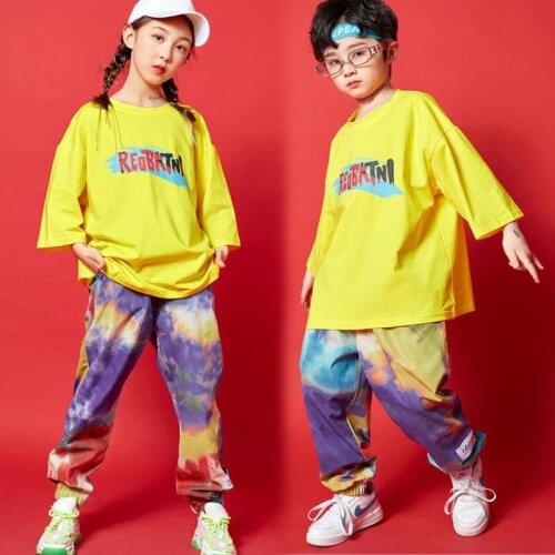 Kids Ballroom Hip Hop Show Clothing Oversize Tshirt Tie Dye Printing Pants For Girl Boy Jazz Dance Costume Clothes Street Wear