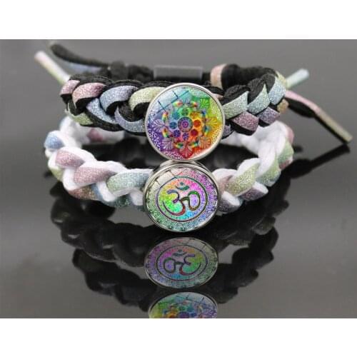 Indian Sanskrit OM Symbol Glass Snap Button Bracelet Flower of Life Mandala Jewelry Reflective Braided Rope Bracelets for Women