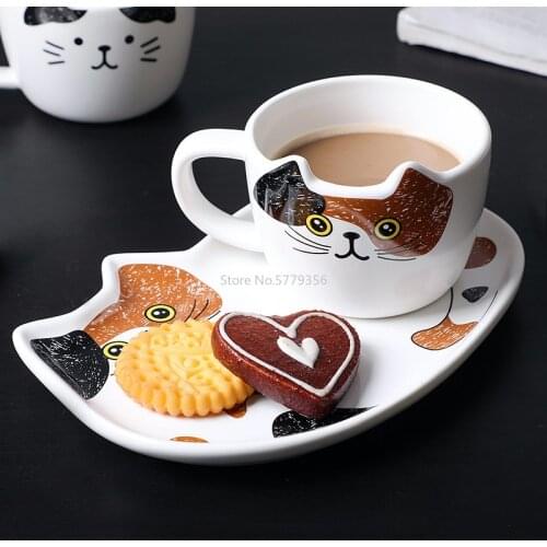 Cute Cat Ceramics Coffee Mug Set Handgrip Animal Mugs with Tray Creative Drinkware Coffee Tea Cups Novelty Milk Cup Breakfast