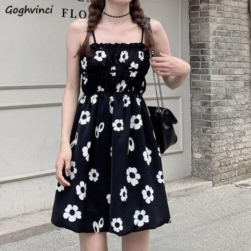 Dress Women Mini Summer A-line Floral Retro Kawaii Ulzzang Mujer Sweet Young Style Spaghetti Strap Streetwear Holiday Vestidos