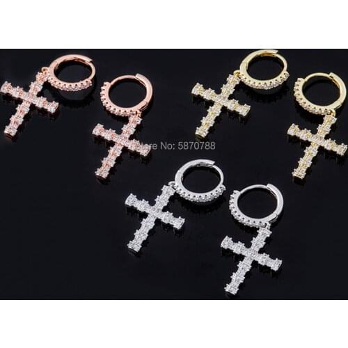 Gold Plated Cross Hoop Earrings Set Ice out Zircon Rose Gold Cross Drop Earrings Jewelry for Women