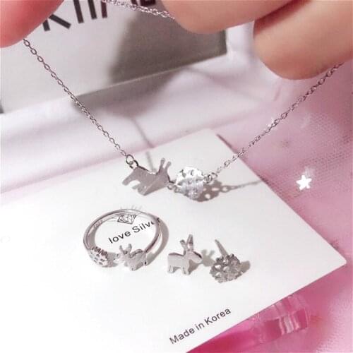 Simple and Happy Jewelry Sets Real 925 Sterling Silver Plain Pendant Necklaces Earings and Rings Christmas Gift Deer and Snow