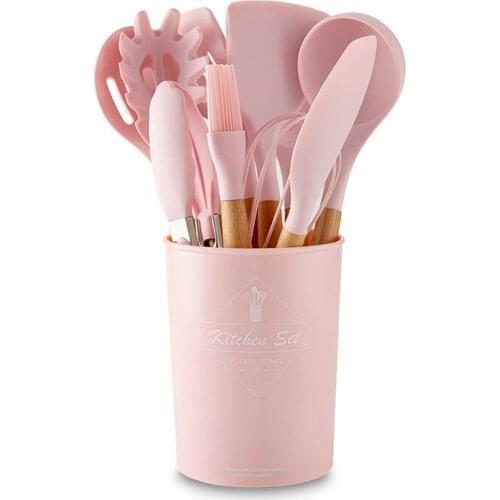 Pink Cooking Kitchenware Tool Silicone Utensils With Wooden Multifunction Handle Non-Stick Spatula Ladle Egg Beaters Shovel