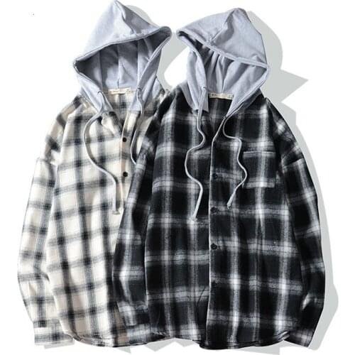 Spring Autumn Fashion Design Casual Wear Long Sleeve Split Joint Plaid Hooded Drawstring Single Breasted Kanye Loose Shirt Men