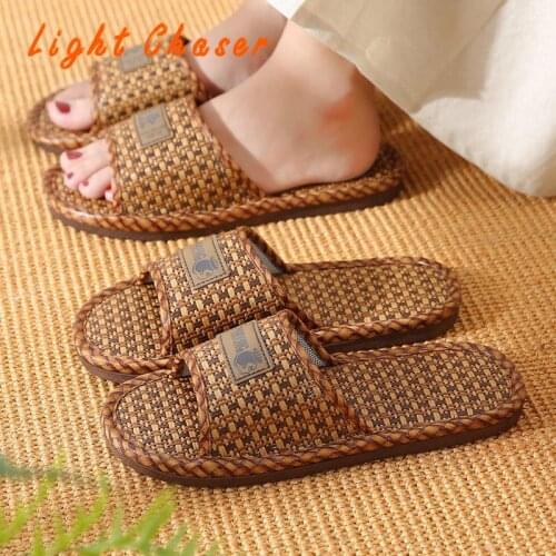 Home Sandals And Slippers For Men And Women Summer Rattan Grass Woven Breathable Non-slip Couples Men And Women Linen Slippers