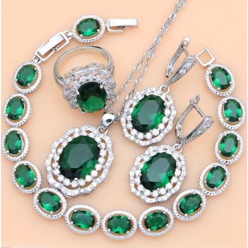 Wedding Bride Jewelry Necklace Set Ring 925 Sterling Silver Green Cubic Zirconia Bracelet Women Earings Fashion Jewelry 2019