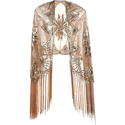 Floral Sequined Beaded Fringe Evening Wrap Scallops Party Bridal Shawl Bolero Flapper Mesh Wedding Cover Up 1920s Scarf