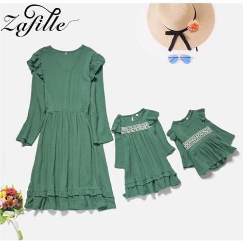 ZAFILLE Autumn Winter Mommy and me clothes Green 100% Cotton Lace Mom and daughter Dress Mother and daughter clothes Family Look