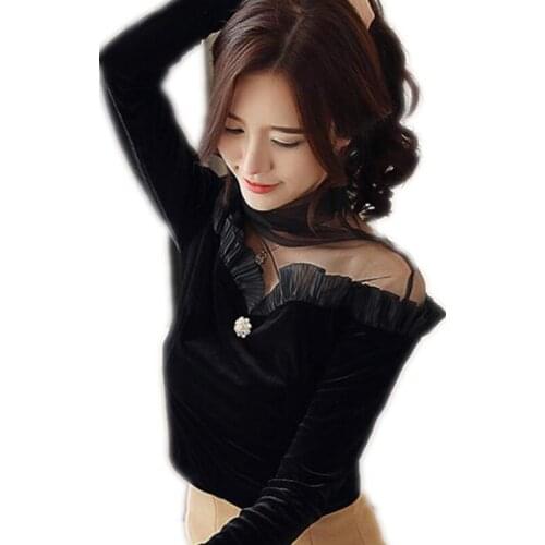 Long Sleeve Women Blouses 2019 Patchwork Mesh Blouses Spring Autumn Slash Neck Short Sexy Tops Female Bottom Slim Blouse Q1259