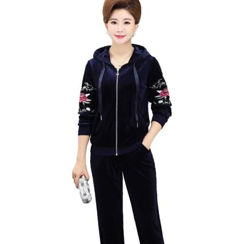 Plus Size 5XL Gold Velvet Sports Suit Womens Set High Quality Mother Clothing Retro Embroidery Flowers Casual Sportswear