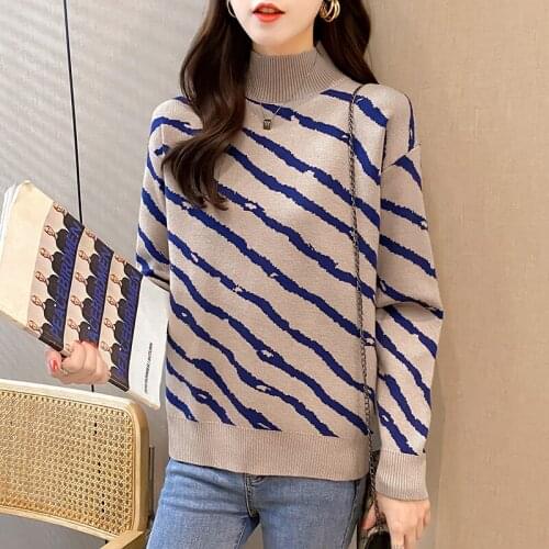 2021 Winter Thick Sweater Women Knitted Stripe Pullover Sweater Long Sleeve Turtleneck Loose Jumper Soft Warm Pull Femme