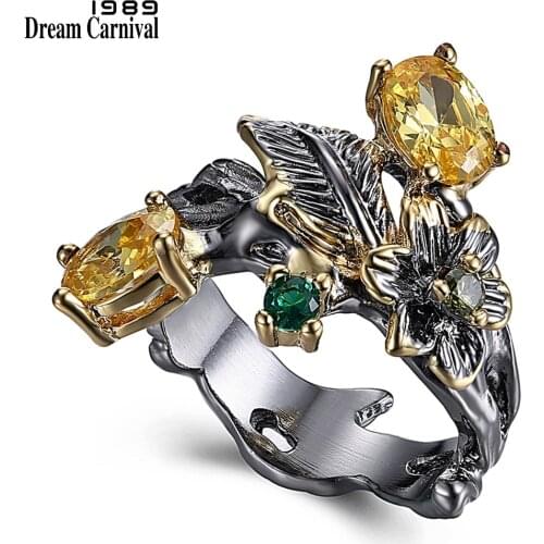 DreamCarnival 1989 Super New Flower Ring for Women Vintage Two Tones Colors Dark Champagne Green Olivine Cubic Zirconia WA11548