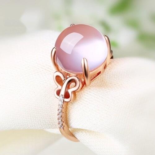 Pink crystal butterfly plated rose gold ring ladies index finger opening silver ring also womens fashion dress jewelry