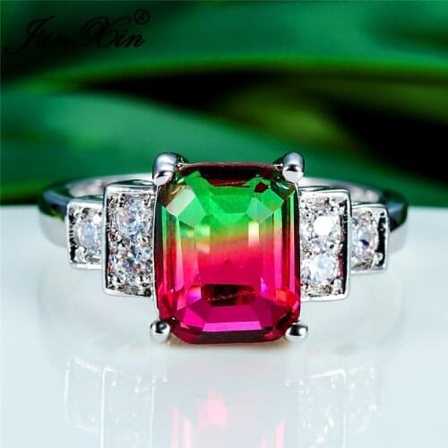 Rainbow Rose Red Green White Yellow Crystal Stone Rings For Women Silver Color Gradient Zircon Wedding Bands Engagement Ring