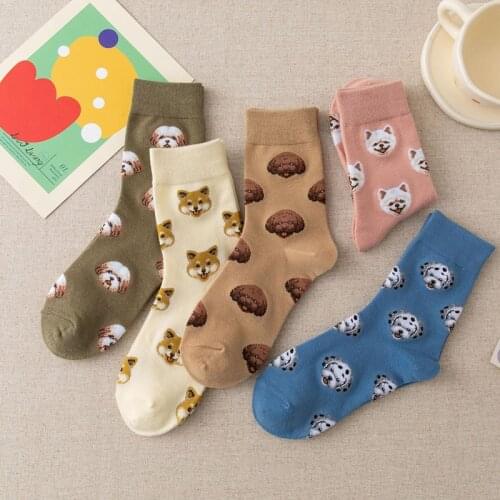1Pair Cute Cartoon Dog Middle Tube Socks Japanese Ins Creative Female Sokken Shibalnu Dalmatian Malzis Teddy Pomeranian Dropship