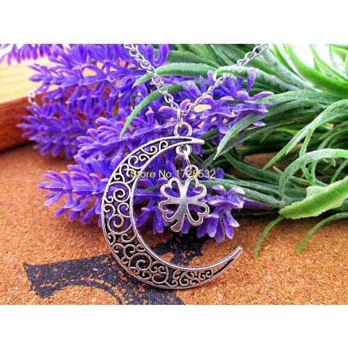 12pcs/lot Women Fashion Harajuku necklace, Crescent Moon necklace with Clover Charms, moon with Clover charm