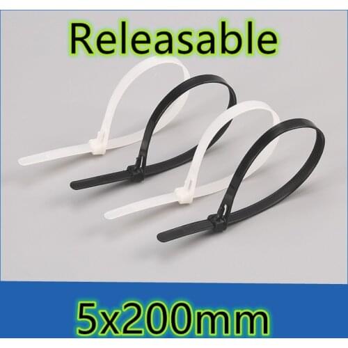 50pcs 5*200mm Releasable nylon cable ties may loose slipknot tie reusable packaging Plastic Zip Tie wrap Strap