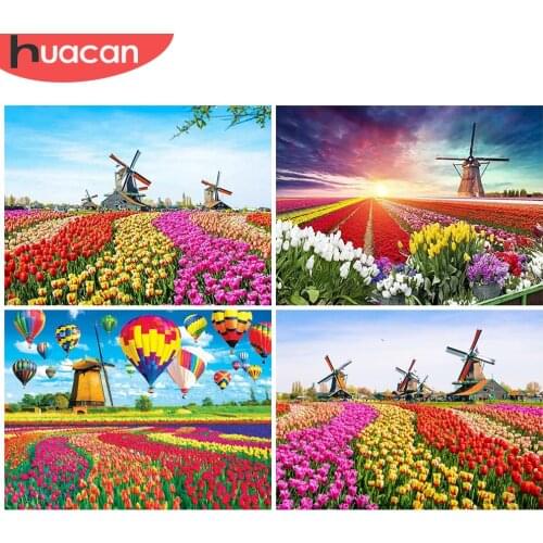 HUACAN Diamond Embroidery Landscape Cross Stitch New Arrival Diamond Painting Tulip Diamond Mosaic Flower Needlework Home Decor