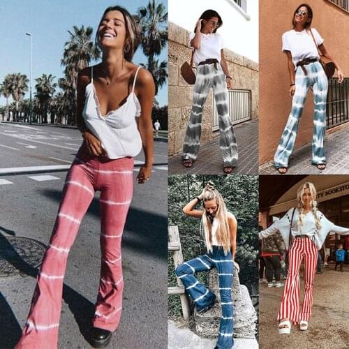 Summer New Women High-Waist Stretch-Print Trousers Wide-Leg Loose-Fitting Trousers Sexy Flared Pants Bottom Casual Leggings
