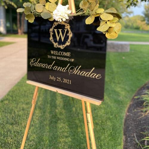 Black Acrylic Wedding Welcome Sign 18" x 24" Custom Welcome Board Wreath Initial Letter Wedding Signs Modern Wedding Decor