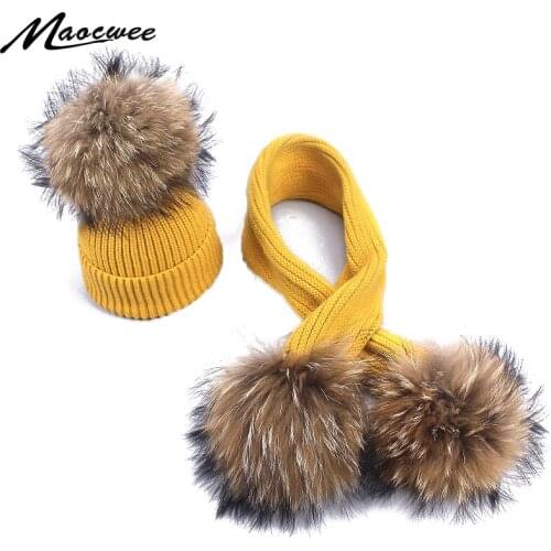 Children Scarf Set Real Fur Pom Pom Hat Winter Female Warm Wool Crochet Beanie Knitted Soft Solid Elasticity Nature Fur Pompons