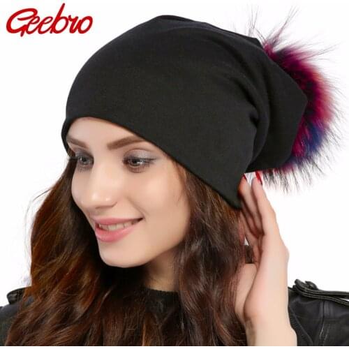 Geebro Brand Womens Beanie Hat Casual Cotton Pompom Beanies Hats Raccoon Fox Fur Pompon Skullies Balaclava Caps For Women JS294