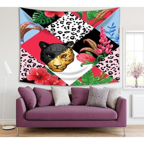 Tapestry Tropical Palm Leaves Exotic Flowers Cheetah Head in Geometric Shapes Colorful Floral Art Red Blue Green Black