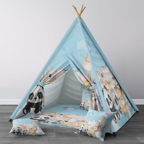 Play Tent for Kids Wigwam Portable Indoor Playground Tents Children Bedrooms Light Blue Animals Panda Raccoon Model 244