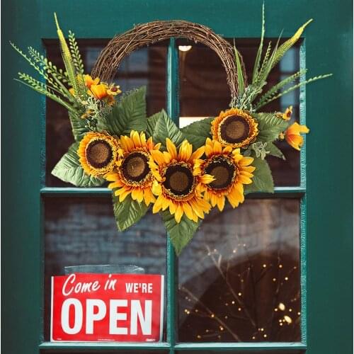 Artificial Sunflower Wreath Fall Autumn Wreath Fake Flower Wreath with Sunflower for Front Door Hanging Farmhouse Welcome Wreath