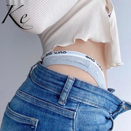 KE pure cotton letter belt high elastic sports thong women low high waist sexy bunny seamless European American fitness T panty