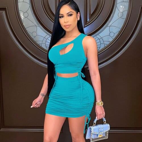 Sexy Drawstring Ruched Two Piece Set Women One Shoulder Hollow Out Crop Top Bodycon Mini Dress Sets Party Club Birthday Outfits