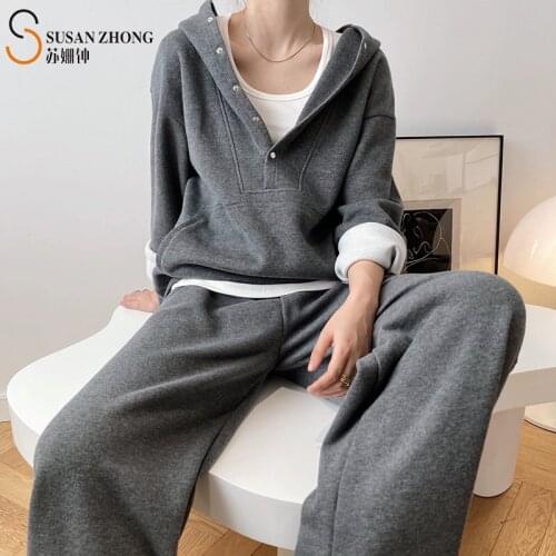 Women Sets Female Sweatshirts Ladies Hoodies Tops Pants Trousers Autumn Winter Jersey Buttons Batwing Sleeve Elastic Waist Loose