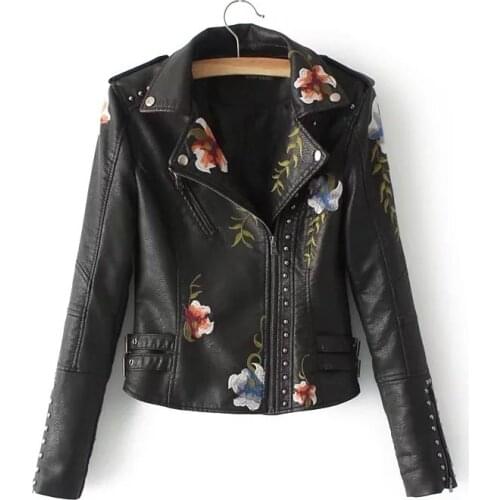 Spring Autumn Casual Flowers Embroidery Pu Leather Short Jacket Women Turn-down Collar Rivet Zipper Moto Biker Coats Tops Clothe