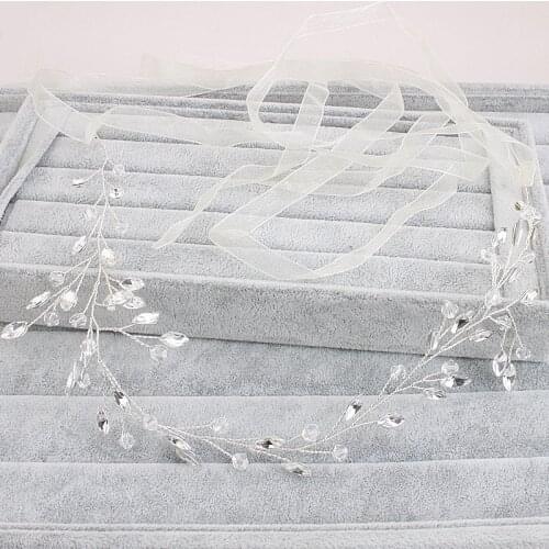 SLBRIDAL Handmade Ribbon Clear Crystal Wedding Headpieces Hair Vine Bridal Headband Hair accessories Women Hair Jewelry