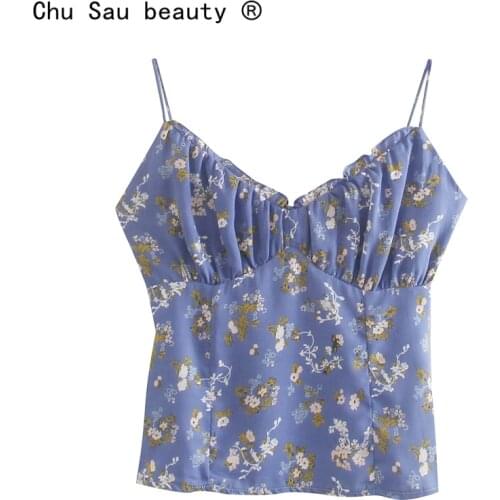 Hot Selling French Pastoral Style Floral Camisole Women 2021 Summer New Slim V Neck Ruffled Lace-up Crop Top Fashion Elasticity