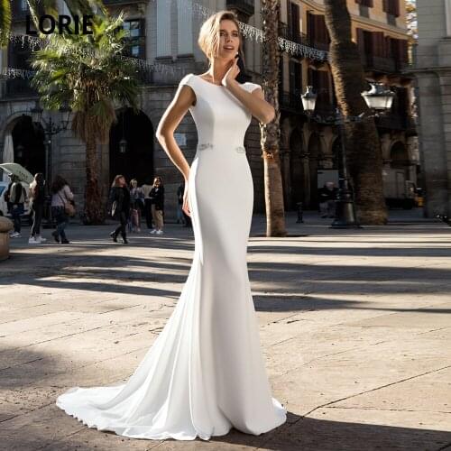 LORIE Elegant Mermaid Wedding Dresses Soft Satin with Beading Bridal Gown Backless Cap Sleeve Princess Wedding Gown Sweep Train