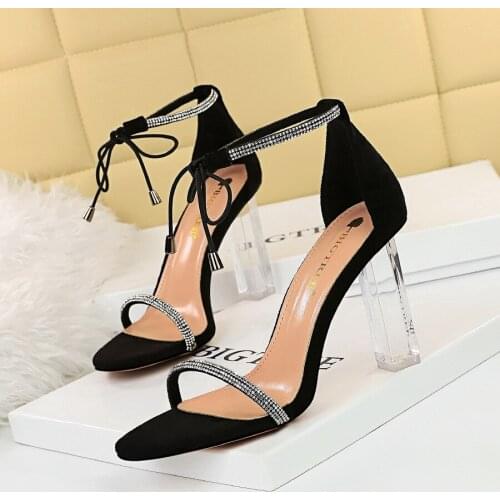 Meriahzheng Fashion Sexy Nightclub Summer High-heeled Shoes Transparent Super High-heeled Rhinestone Word Belt Female Sandals DS