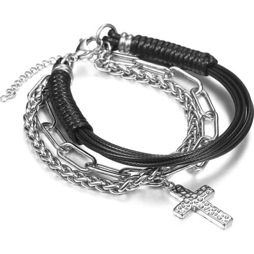 Multi Layer Stainless Steel Cross Charm Bracelet Wheat Chain For Men Handmade Leather Wristband Stylish Casual Bangle DLB200